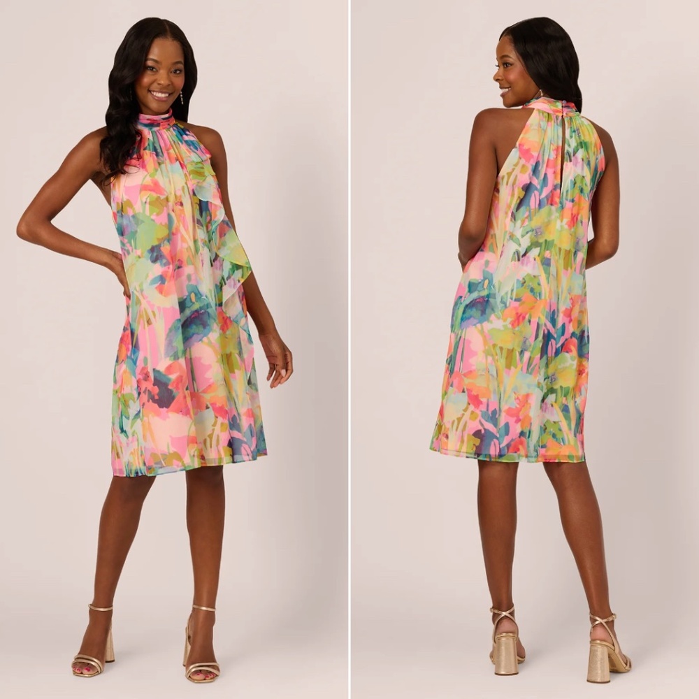 Sleeveless Pastel Floral Halter Dress - Pink Multicolor
